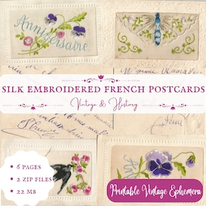 Cartoline ricamate in seta, vintage francese, effimeri stampabili, digitali, DOWNLOAD IMMEDIATO