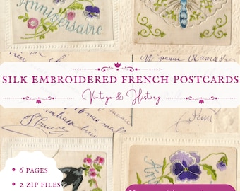 May include: Six vintage French postcards with silk embroidery. The postcards feature floral designs, a butterfly, and a bird. The text on the postcards reads "Anniversaire", "M. Jeanne Ramaten", "Semi", and "imhase bins Stre".