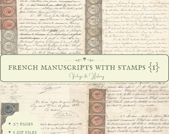 May include: A collection of 27 vintage French manuscripts with stamps. The pages are filled with handwritten text and decorative stamps. The collection includes 5 zip files and is 91 MB in size.