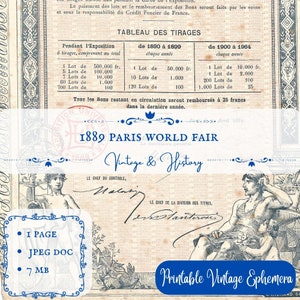 1889 Paris World Fair, Exposition Universelle, Bons à Lot 25 francs (Eintrittskarten), druckbare Ephemera, Vintage Papiere, SOFORTIGER DOWNLOAD