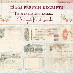 Printable 1800s French receipts, stamps, digital, download, ephemera, collage, journal, craft, scrapbook, vintage