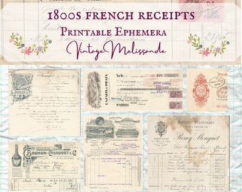 Recibos franceses imprimibles del siglo XIX, sellos, digitales, descarga, efímeros, collage, diario, manualidades, álbum de recortes, vintage