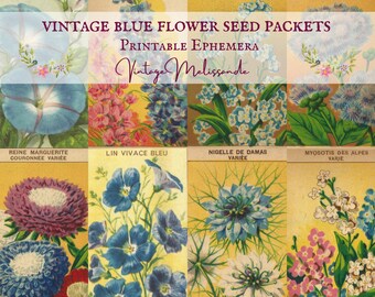 Blue flower seed packets, printable, French vintage, ephemera, digital, junk journals, craft, scrapbooking, art, nature