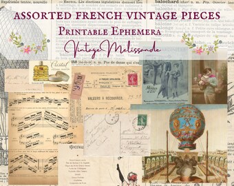 Surtido de piezas vintage francesas, imprimibles, digitales, descargables, efímeras, collages, diarios, manualidades, álbumes de recortes, vintage.