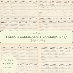 Könnte beinhalten: Ein Vintage-Französisch-Kalligraphie-Arbeitsbuch mit Übungslinien und Buchstabenformationen. Das Arbeitsbuch enthält 17 Seiten und 3 ZIP-Dateien. Der Text "French Calligraphy Workbook" wird in einem grünen Banner angezeigt.