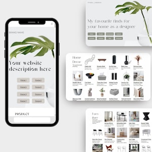 May include: A website mockup for a home decor brand with the text "My favorite finds for your home as a designer" and a grid of images of home decor items, including a chain link, wooden bowl, acrylic vase, black vase, and a bouquet of pampas grass.