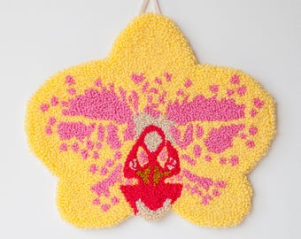 Handmade Yellow & Pink Orchid Wall Hanging | Tropical Flower Mini Rug | Hand Tufted Rug | Punch Needle Desk Rug