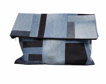 Oversized Patchwork Denim Clutch Bag, Handmade Foldover Purse, Upcycled Blue Jean Statement Bag