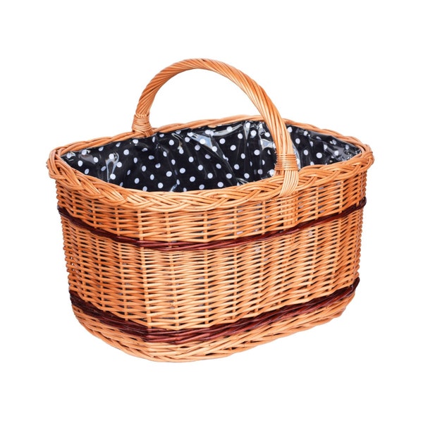 YULKA Einkaufskorb aus Weide WeidenKorb "CHEF" mit Einlage und Schutzfolie, Schwarzer Stoff mit weißen Punkten | #512