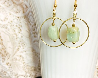 Large gold hoops with dangling rectangular aqua stone bead center