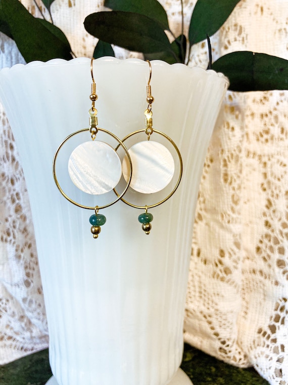 Large Gold Dangling Hoops Shiny Shell Center and Green Stone Bead
