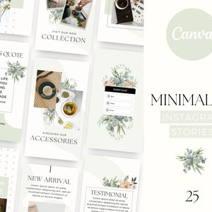 May include: A set of 25 minimalist Instagram story templates featuring a green and white color scheme with floral and foliage illustrations. The templates include text boxes for quotes, product descriptions, and testimonials. The text "Canva" is visible in the upper right corner of the image.