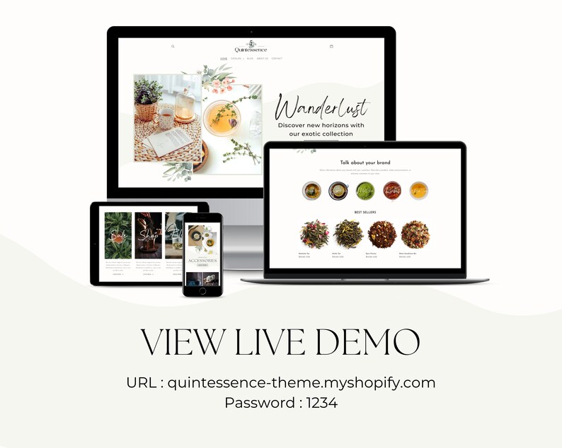May include: A mockup of a website for a tea company called "Quintessence". The website features a variety of teas, including black, green, and herbal teas. The website also features a blog, a contact page, and a shop page. The website is designed to be user-friendly and visually appealing.