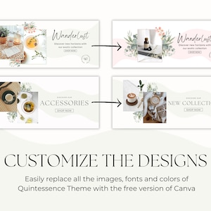 May include: Four social media banner templates with a white background and a light green and pink watercolor design. The banners feature images of coffee and tea, and text that says "Wanderlust", "Discover new horizons with our exotic collection", "Shop Now", "Accessories", "New Collection", and "Discover our".
