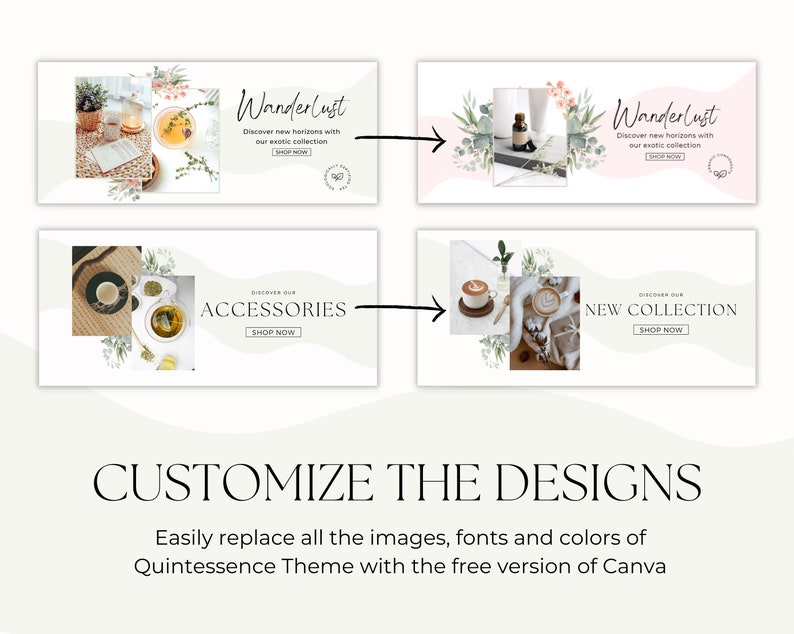 May include: Four social media banner templates with a white background and a light green and pink watercolor design. The banners feature images of coffee and tea, and text that says "Wanderlust", "Discover new horizons with our exotic collection", "Shop Now", "Accessories", "New Collection", and "Discover our".