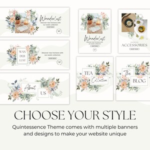 May include: A collection of six social media banners featuring watercolor floral designs. The banners include text such as "Wanderlust", "Tea Collection", "The Blog", and "Accessories".