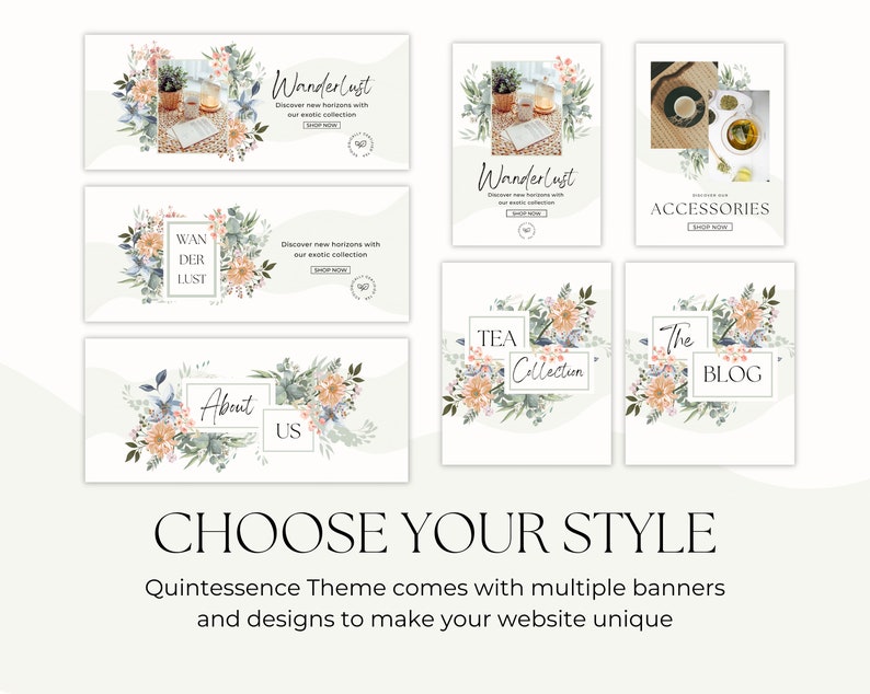 May include: A collection of six social media banners featuring watercolor floral designs. The banners include text such as "Wanderlust", "Tea Collection", "The Blog", and "Accessories".