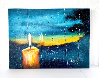 Original Painting with Candle, Candle Painting on Canvas, Original Acrylic Candle in The Window Painting with Rain, Candle Art on Canvas