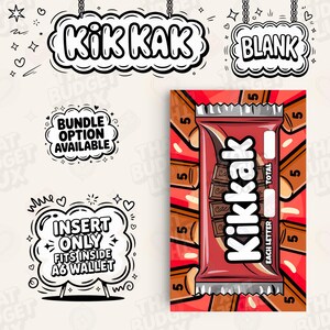 Puede incluir: Un diseño gráfico con una barra de caramelo roja y marrón con la palabra "Kikkak" en blanco. El diseño incluye el texto "Cada letra" y "Total". Elementos adicionales incluyen las palabras "Kik Kak" y "Blank" en un diseño en forma de nube.