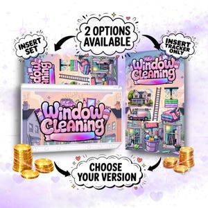 Puede incluir: Ilustración de dos opciones para un producto con el tema "Limpieza de ventanas". La imagen presenta el texto "2 Opciones Disponibles" y "Elige tu versión". Las opciones de producto se muestran con el texto "Insert Set" e "Insert Tracker Only". También se muestran monedas de oro.