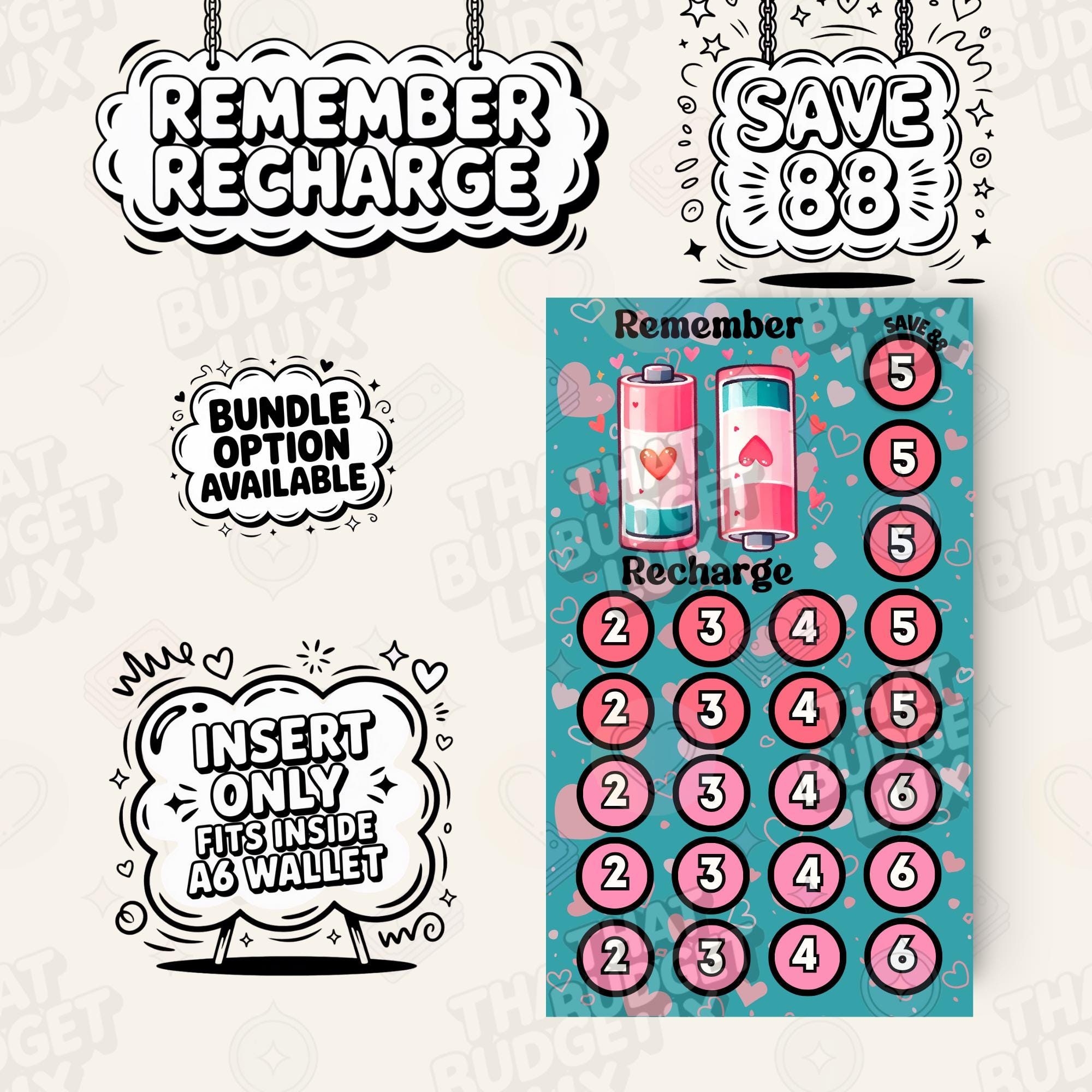 Recharge Tracker Remember Recharge Savings Challenge | A6 Insert Only | Cash Stuffing ...