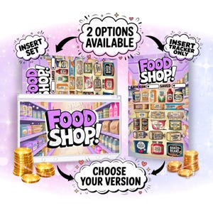 Puede incluir: Ilustración colorida de un conjunto de inserción y rastreador "Food Shop". La imagen presenta dos opciones con el texto "2 Options Available" y "Choose Your Version". El conjunto de inserción muestra una escena de supermercado.