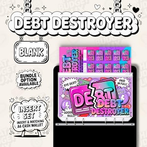 Puede incluir: Ilustración gráfica con el tema "DEBT DESTROYER". El diseño incluye una carpeta con una tarjeta "DEBT DESTROYER", un letrero "BLANK" y texto que dice "BUNDLE OPTION AVAILABLE" e "INSERT SET". La paleta de colores incluye rosa, azul y morado.