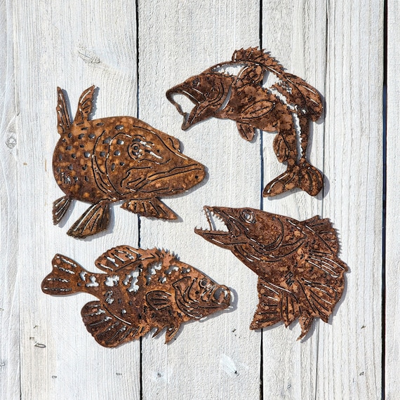 4 Set of Fish Metal Wall Art Pike Bass Crappie Walleye Theme Decor
