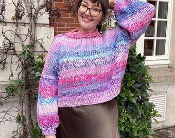 Knitting Pattern PDF GERMAN / DEUTSCH | Colourful cropped bubble sleeve knitted sweater