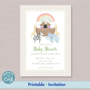 Editable Gender Neutral Baby Shower Invitation, Noah&#39;s Ark, Two by Two Sprinkle Coed, Watercolor - Editable Template Digital Download, Corjl