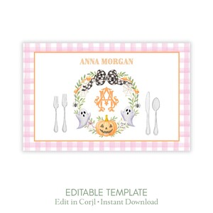 Printable Placemat | Pink Pumpkin Crest | Fall Girl Party | Editable Corjl Template