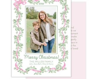 Tarjeta navideña imprimible con foto, guirnalda de calcetín navideño con cinta rosa en acuarela, plantilla digital / descarga digital navideña editable, Corjl