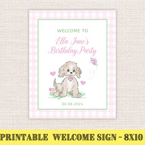 PRINTABLE 8x10 Sign Puppy Pink Gingham Birthday Party, Dog, Doodle, Sweet Watercolor - Editable Template Digital Download, Corjl