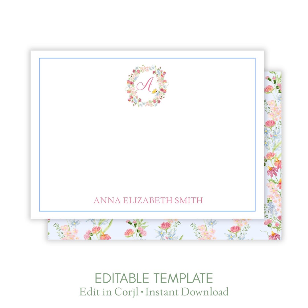 Personalized Floral Notecard Printable, Custom Flat Note Card Set ...