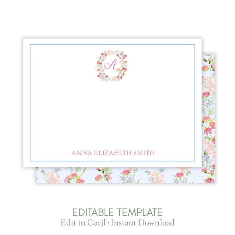 Personalized Floral Notecard Printable, Custom Flat Note Card Set ...