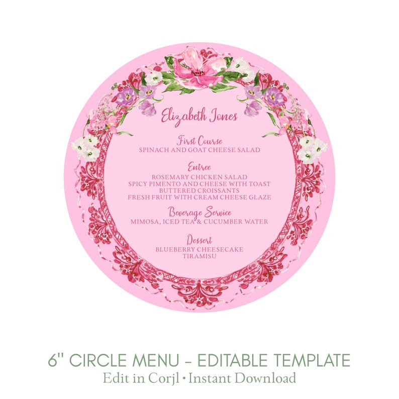 Floral Circle Plate Menu Template, Round Bridal Brunch or Birthday ...