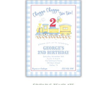 Train Birthday Invitation, Choo Choo Birthday Party Invite, All Aboard Train Party Invitation, Chugga Two Train Party, Editable Invite