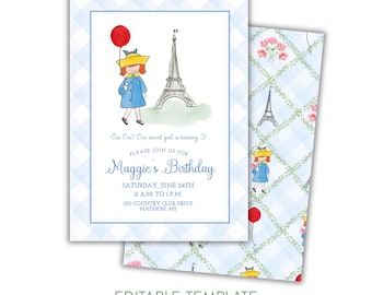 Watercolor Madeline Birthday Invitation: Eiffel Tower, France (Digital Download)