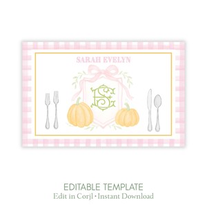Printable Placemat | Pink Pumpkin Crest | Fall Girl Party | Editable Corjl Template