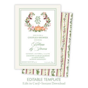 Editable Couple's Shower Bridal Invitation | Fall Wreath Monogram and Pumpkins | Printable Corjl Template Digital Download