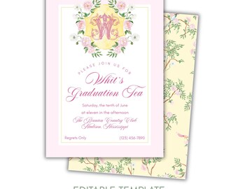 Pink Chinoiserie Birthday Invitation, Yellow Floral Birthday Party Invite, Elegant Garden Party Invitation, Preppy Chinoiserie Party Invite