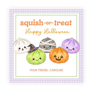Peut inclure: Une carte carrée avec une bordure vichy violet clair portant le texte squish-or-treat, Happy Halloween et YOUR FRIEND, CAROLINE. Cinq personnages de dessin animé mignons sont illustrés : un fantôme blanc, une momie, un vampire violet, une sorcière verte et une citrouille.