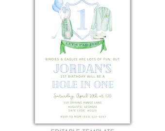 Golf Birthday Invitation, Masters Golf First Birthday Party, Country Club Invite, Preppy Golf Theme, Mastered 1st Year, Editable Template