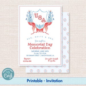 May include: A printable Memorial Day invitation with a patriotic design. The invitation features a red, white, and blue color scheme with the text "USA" and "Memorial Day Celebration." The invitation includes event details and a floral pattern.