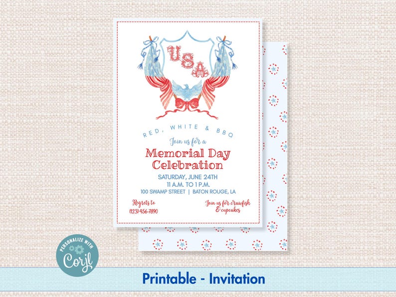 May include: A printable Memorial Day invitation with a patriotic design. The invitation features a red, white, and blue color scheme with the text "USA" and "Memorial Day Celebration." The invitation includes event details and a floral pattern.