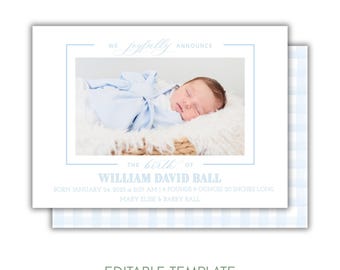 Editable Baby Birth Announcement Template, Watercolor Newborn Announcement, Photo Birth Announcement, Printable Baby Girl or Boy, Corjl