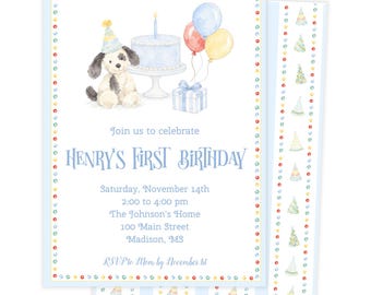 Editable First Birthday Invitation | Watercolor Boy Birthday Invite | Red Blue Party Animal | Classic, Nostalgia Bday Template