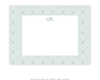 Personalized Notecard Printable, Custom Flat Note Card Set, Grad Gift, Editable Stationery Template, Initial Thank You Card Digital Download