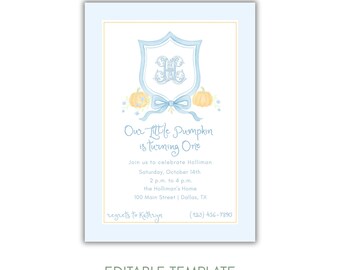 Blue Pumpkin First Birthday Invitation, Our Little Pumpkin Is Turning One, Fall Boy 1st Birthday Party Invite, Little Pumpkin Baby Shower