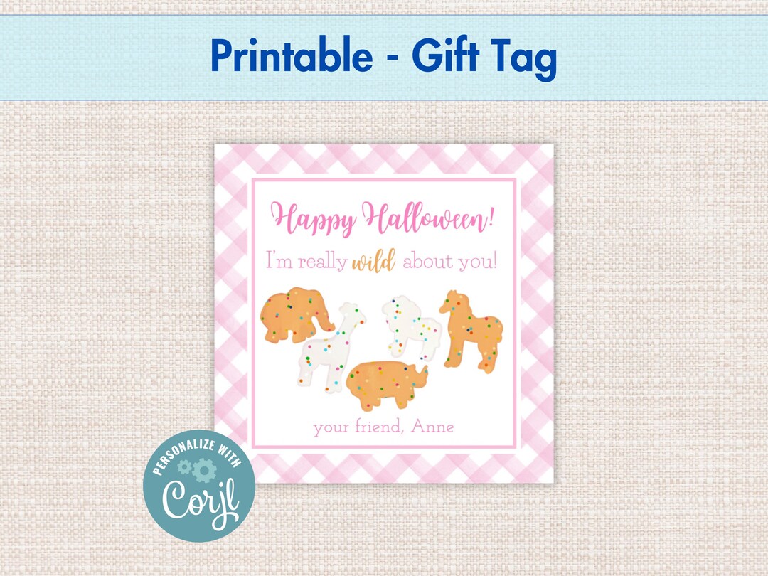 PRINTABLE Halloween Gift Tag for Kids, Pink Gingham Party, Watercolor Animal Crackers Label ...